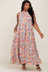 Blue Floral Ruffle Mock Neck Tiered Maternity Plus Maxi Dress