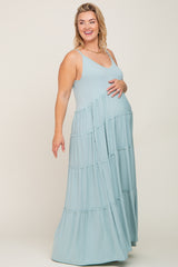 Mint Green Tiered Sleeveless Maternity Plus Maxi Dress