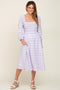 Lavender Plaid Smocked Square Neck Lace-Up Back Midi Dress
