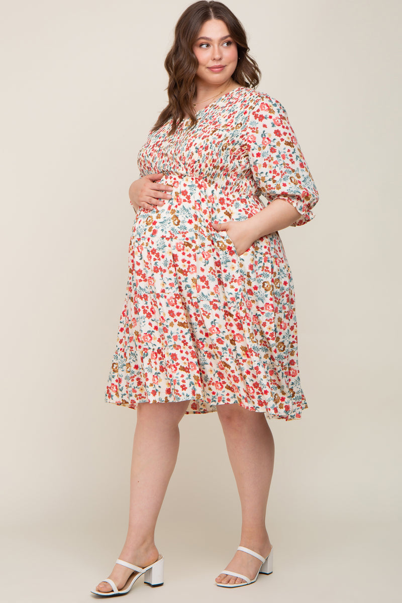 Fuchsia Floral Smocked Tiered Maternity Dress