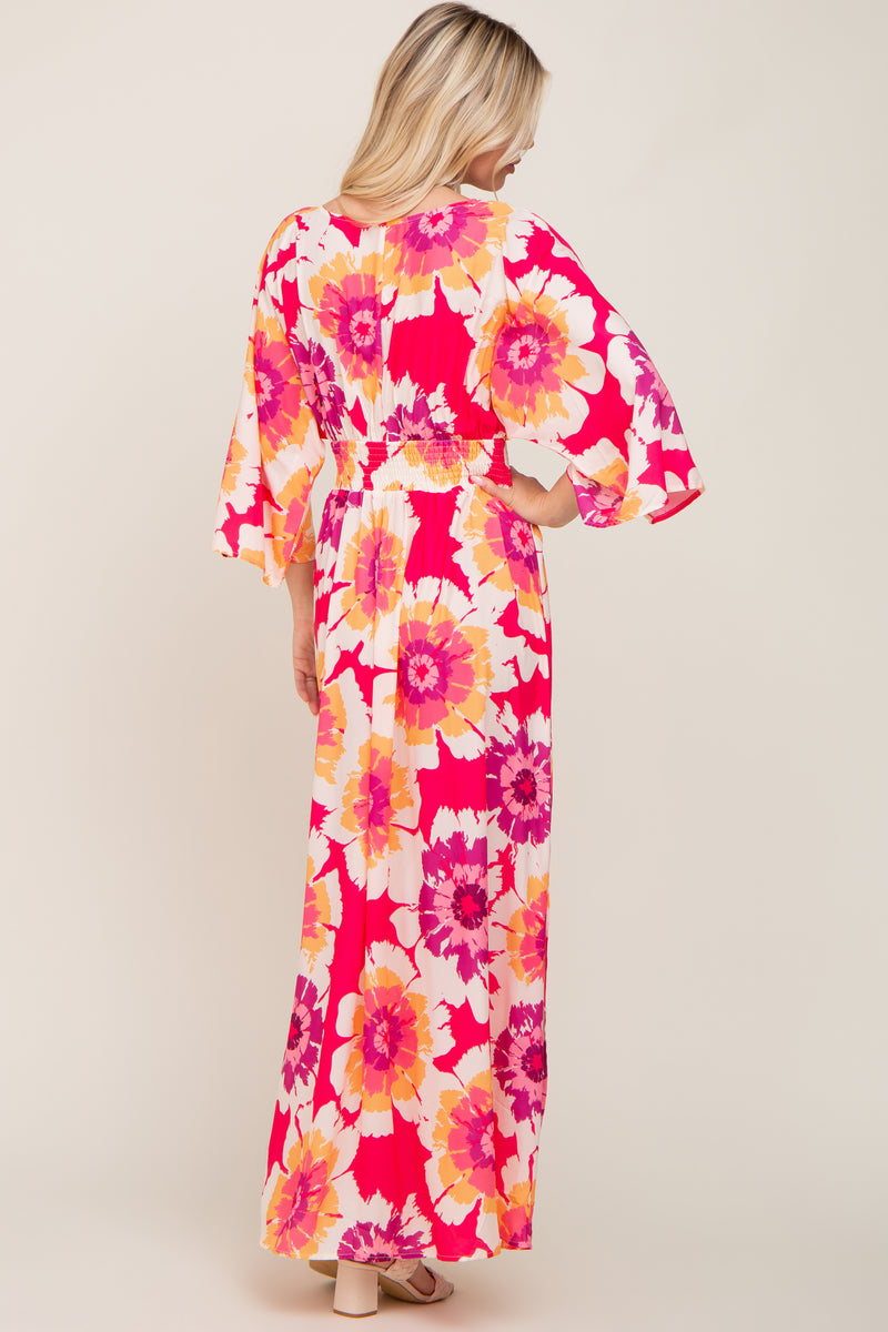 Fuchsia Floral Wrap VNeck Side Slit Maxi Dress PinkBlush