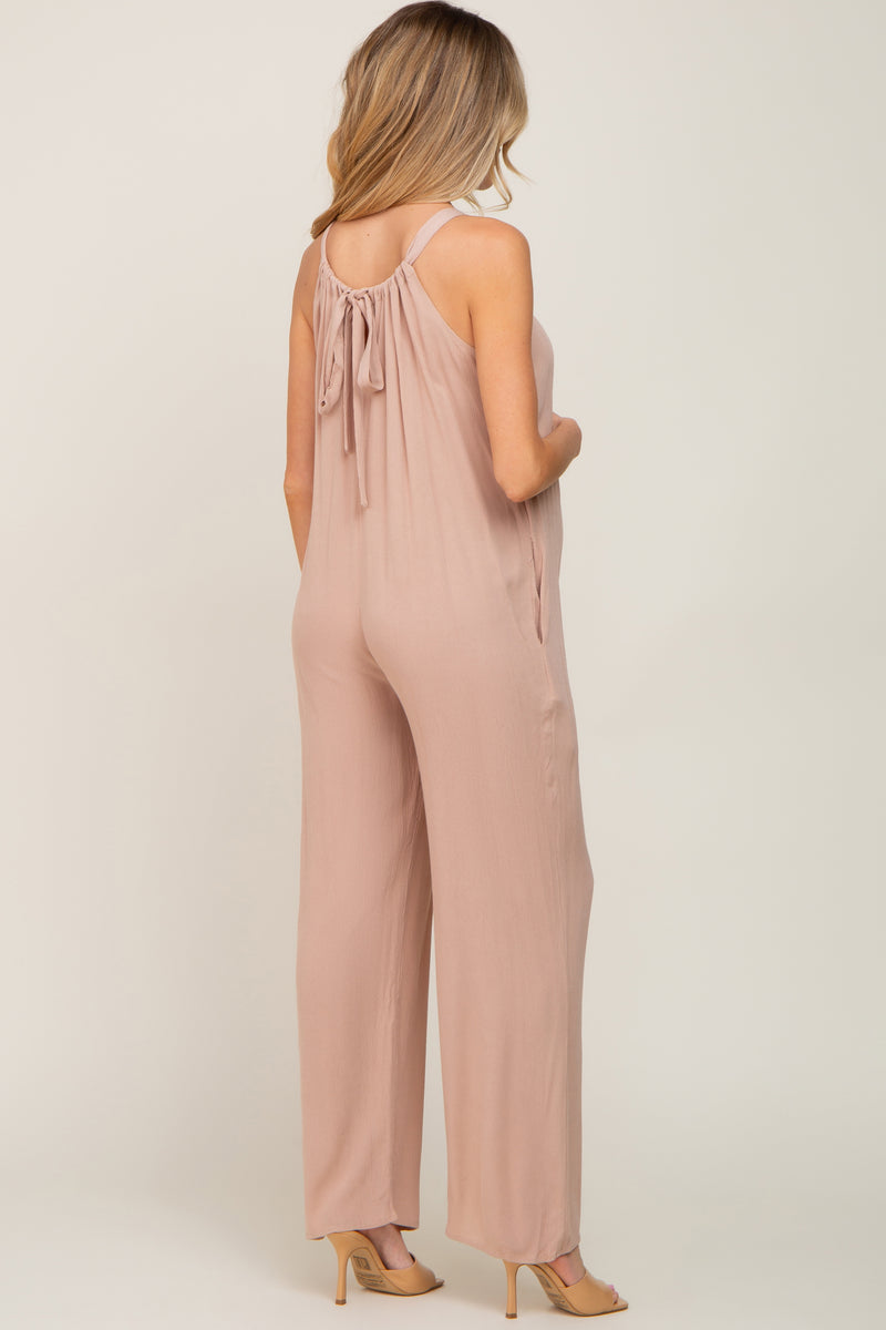 Halter Neckline Sleeveless Chiffon Pleated Jumpsuit Taupe Plus Size