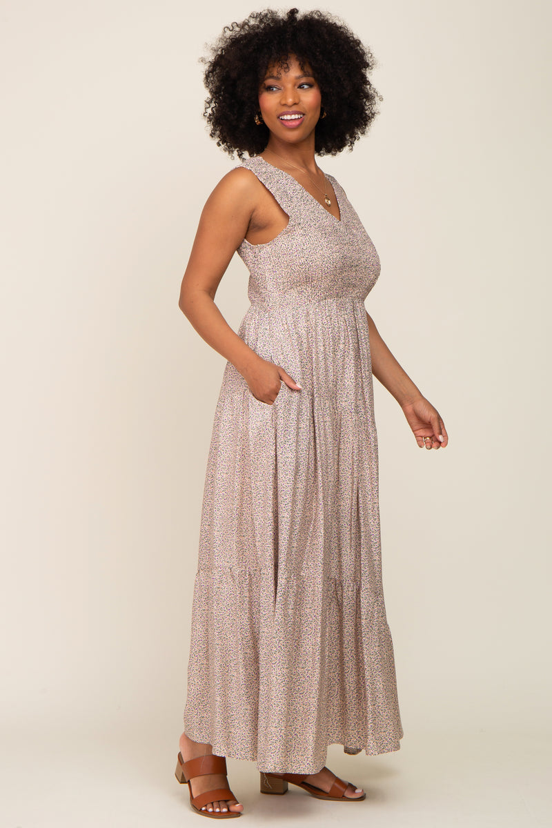 Cream Floral Smocked Sleeveless Back Tie Maxi Dress  PinkBlush