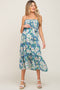 Blue Floral Smocked Strapless Maternity Midi Dress