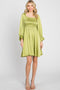 Lime Satin Smocked Square Neck Dress