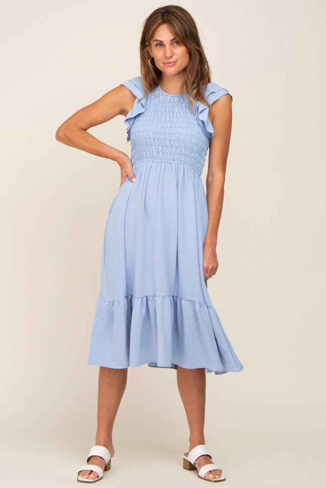 Light Blue Smocked Layered Ruffle Flutter Sleeve Midi Dress– PinkBlush