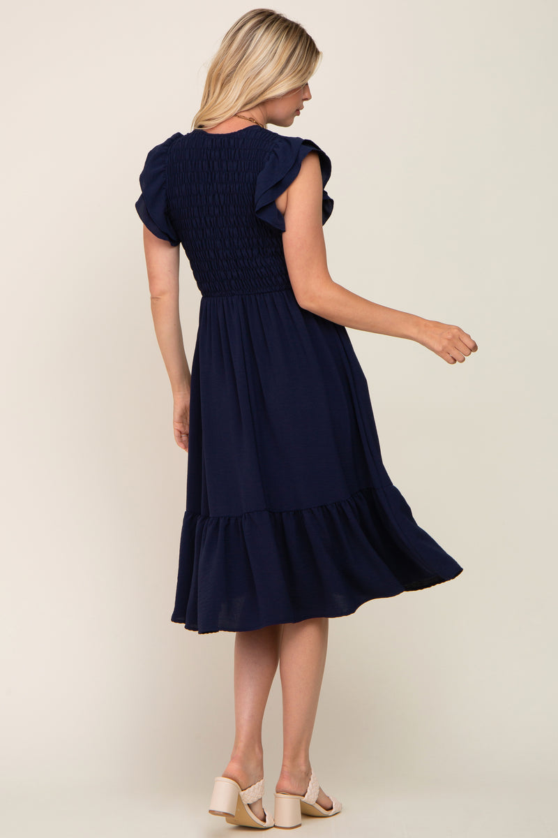 Floral Mixed Pattern Ruffle Flutter Sleeve Buttoned Dress