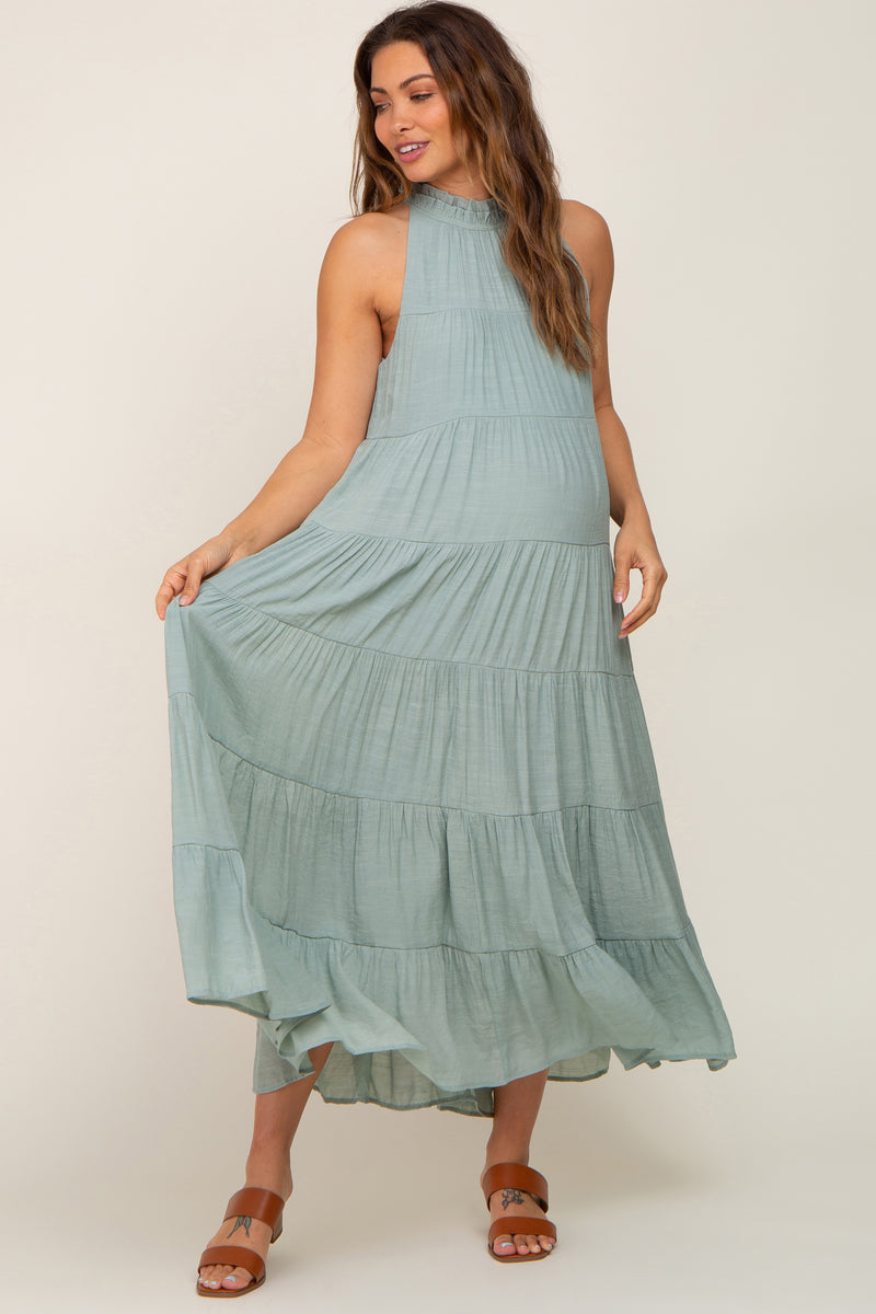 Sage Crochet Lace Tiered Ruffle Maternity Maxi Dress