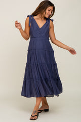 Navy Blue Linen Button Front Shoulder Tie Tiered Maternity Midi Dress