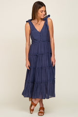 Navy Blue Linen Button Front Shoulder Tie Tiered Maternity Midi Dress