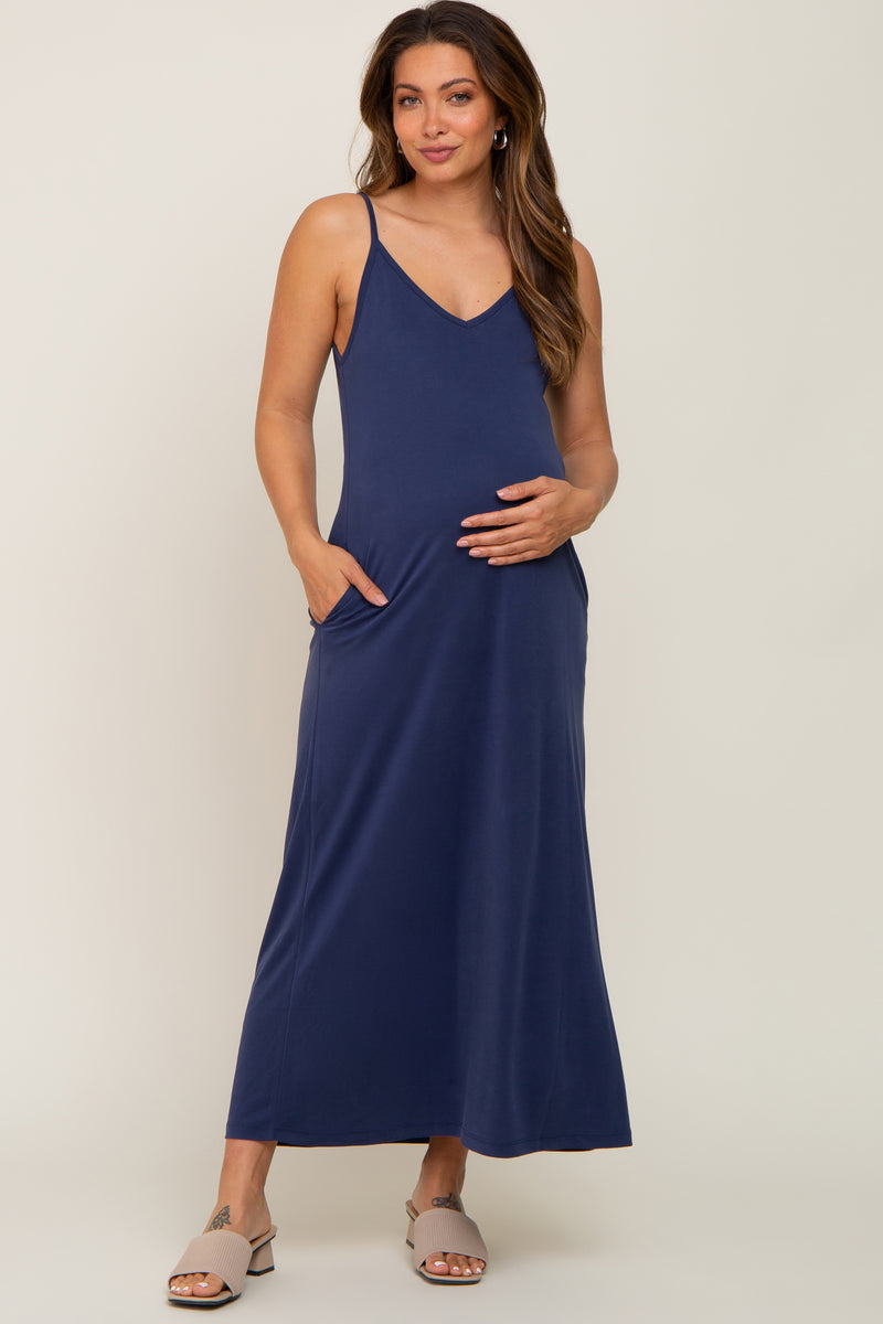 Blue Knit Collared Deep V-Neck Maternity Maxi Dress main image 0