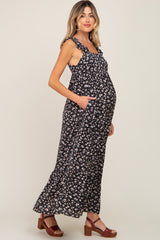 Black Floral Ruffle Trim Maternity Maxi Dress