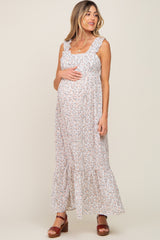 Cream Floral Ruffle Trim Maternity Maxi Dress