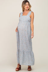 Light Blue Floral Ruffle Trim Maternity Maxi Dress