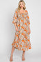 Light Blue Floral Ruffle Square Neck Smocked Front Tie Midi Dress