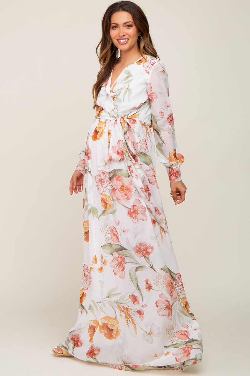 Ivory Floral Twisted Front Lace Detail Maternity Maxi Dress main image 0