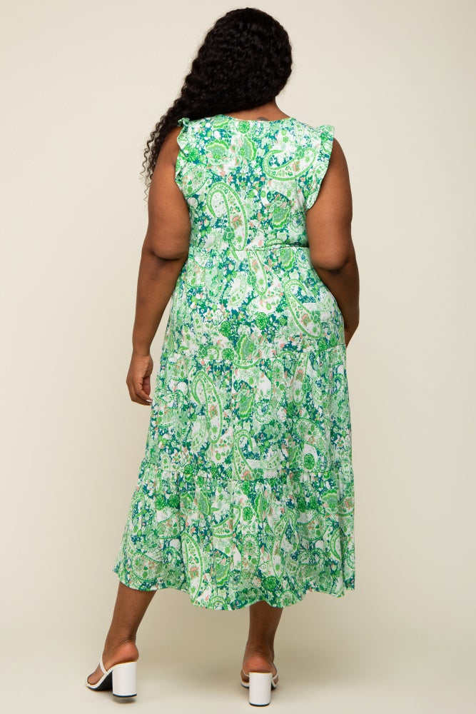 Women's Paisley Print Cotton Midi Dress, Teal Green, 3/4 Sleeves with Tassel Details main image 0