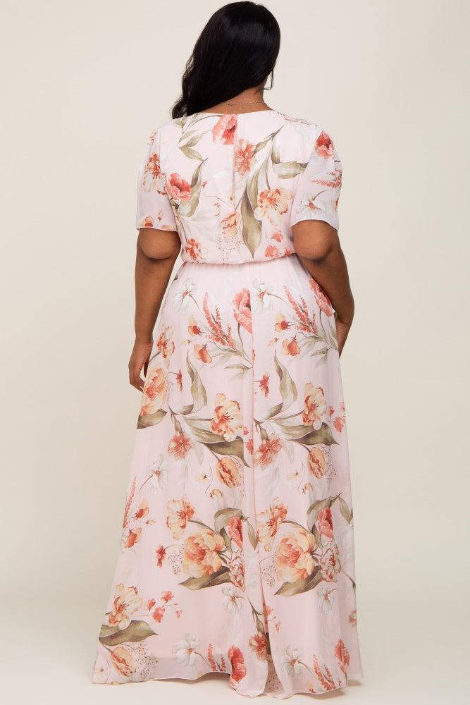 Long Chiffon Dress with V Neck X Cross Open Back Blushing Pink Plus Size