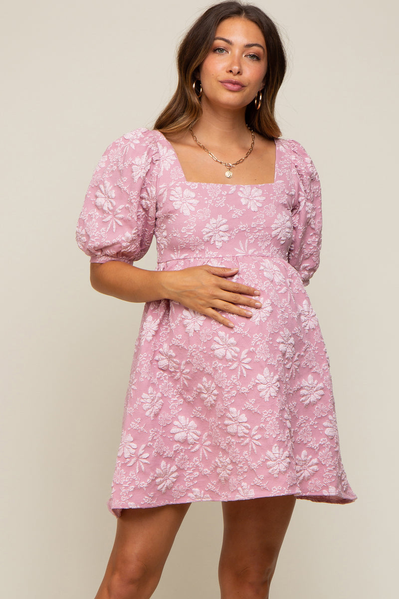 Pink Floral Textured Square Neck Maternity Babydoll Dress PinkBlush