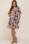 Navy Blue Floral Square Ruffle Neck Tiered Short Sleeve Maternity Dress