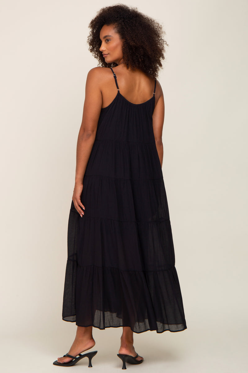 BLACK POLKA TIERED MAXI WOMEN DRESS