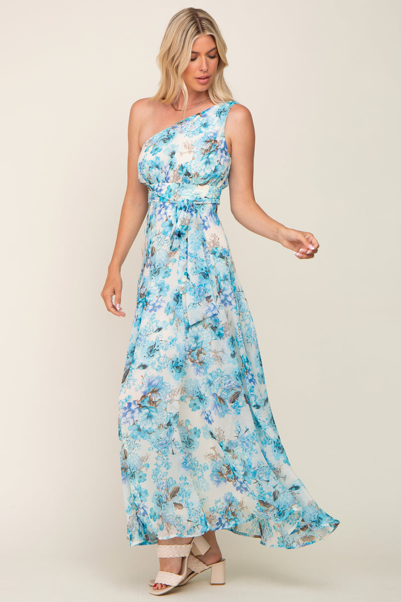 Blue Floral Chiffon One Shoulder Maxi Dress – PinkBlush