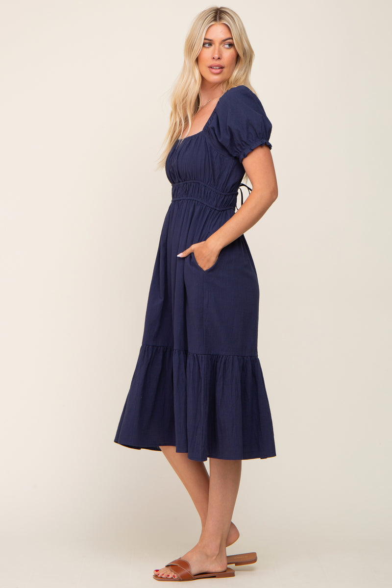 Navy Puff Sleeve Ruffle Hem Midi Dress – PinkBlush