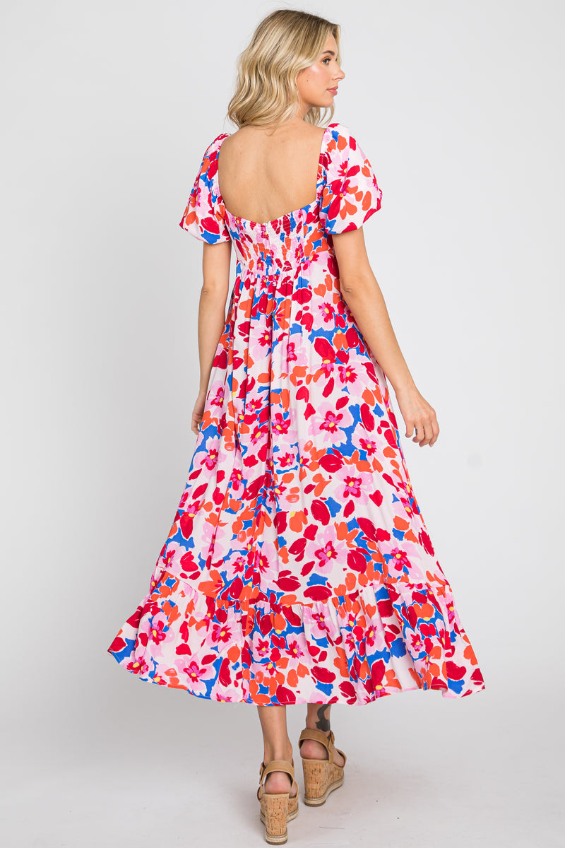 Floral Cutout Square Neck Puff Sleeve Dress main image 1