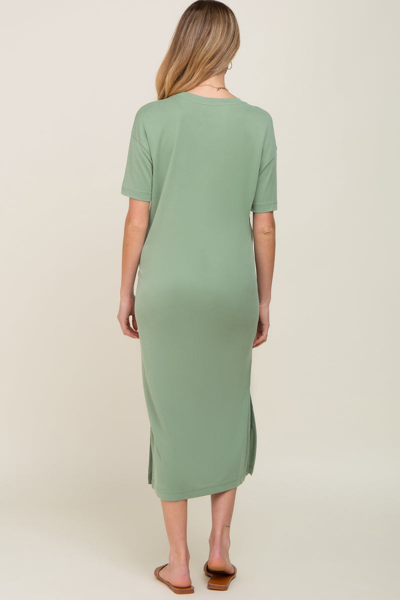 Green Satin Asymmetrical Flounce Trim Maternity Midi Dress