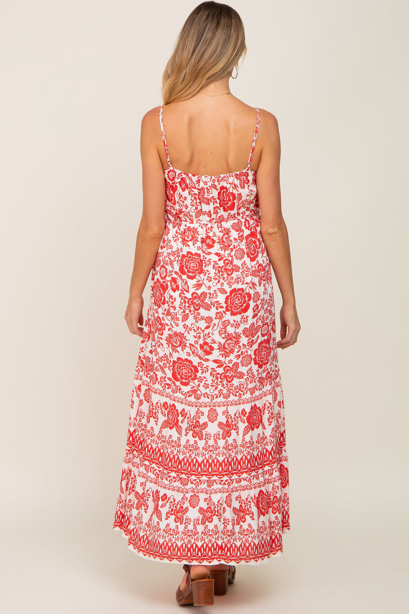 Red Ribbed Floral Shoulder Tie Maternity Maxi Dress main image 1