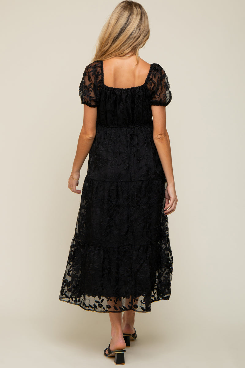 Floral Embroidered Puff Sleeves Midi Ethnic Dress