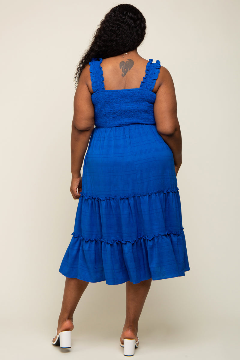 ROYAL BLUE STRIPE PATTERN RUFFLE BOTTOM HALTER NECK DRESS main image 1