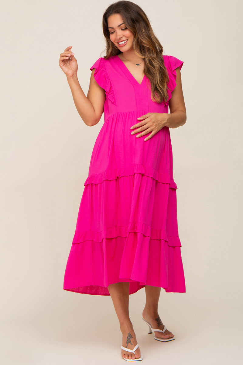 Fuchsia Knotted Off Shoulder Ruched Maternity Midi Dress main image 1