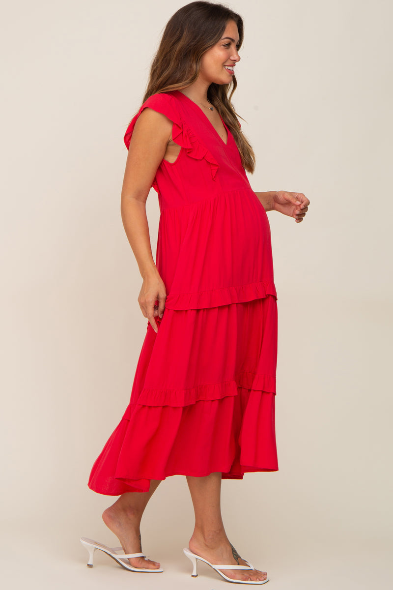 Red Ruffle Accent Tiered Maternity Midi Dress PinkBlush