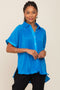 Blue Pleated Satin Button Up Top