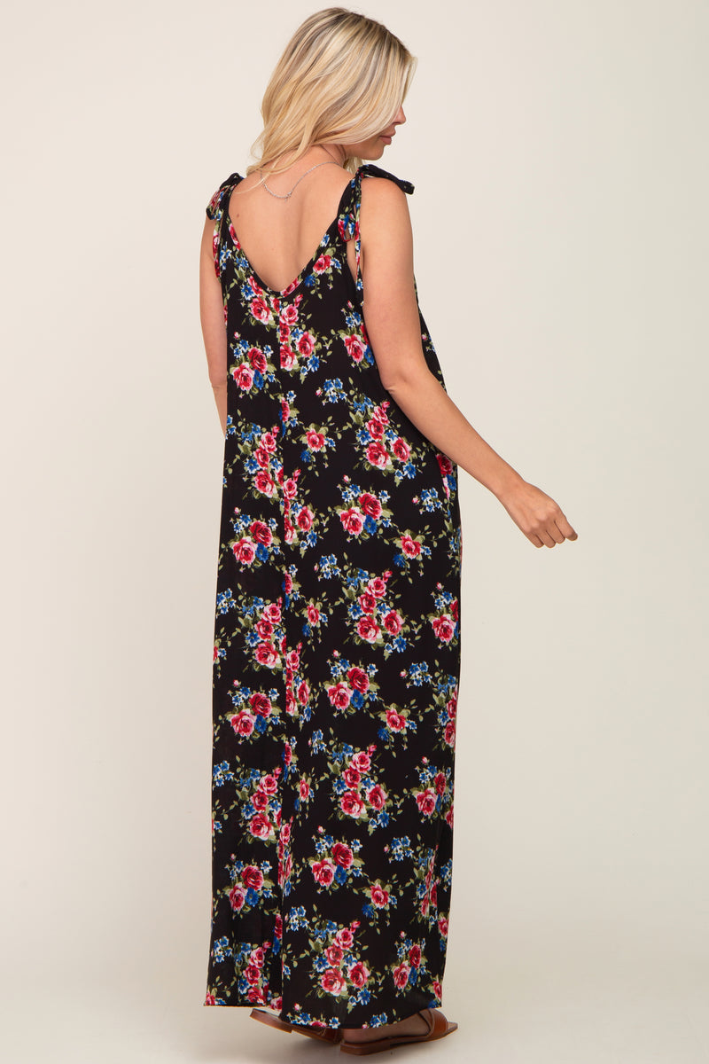 Black Floral Smocked Front Tie Maxi Dress main image 1