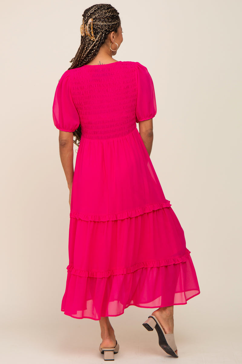 Fuchsia Chiffon Smocked V-Neck Ruffle Tiered Midi Dress– PinkBlush