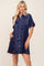 Navy Blue Satin Button Front Short Sleeve Dress