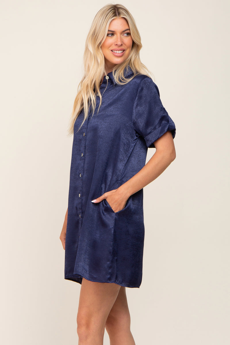 Navy Blue Satin Button Front Short Sleeve Dress – PinkBlush
