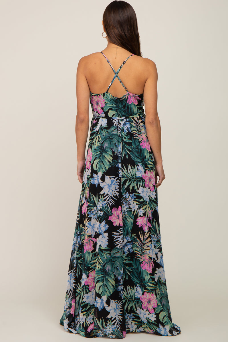 Black Floral Chiffon Twisted Front Maternity Midi Dress main image 0