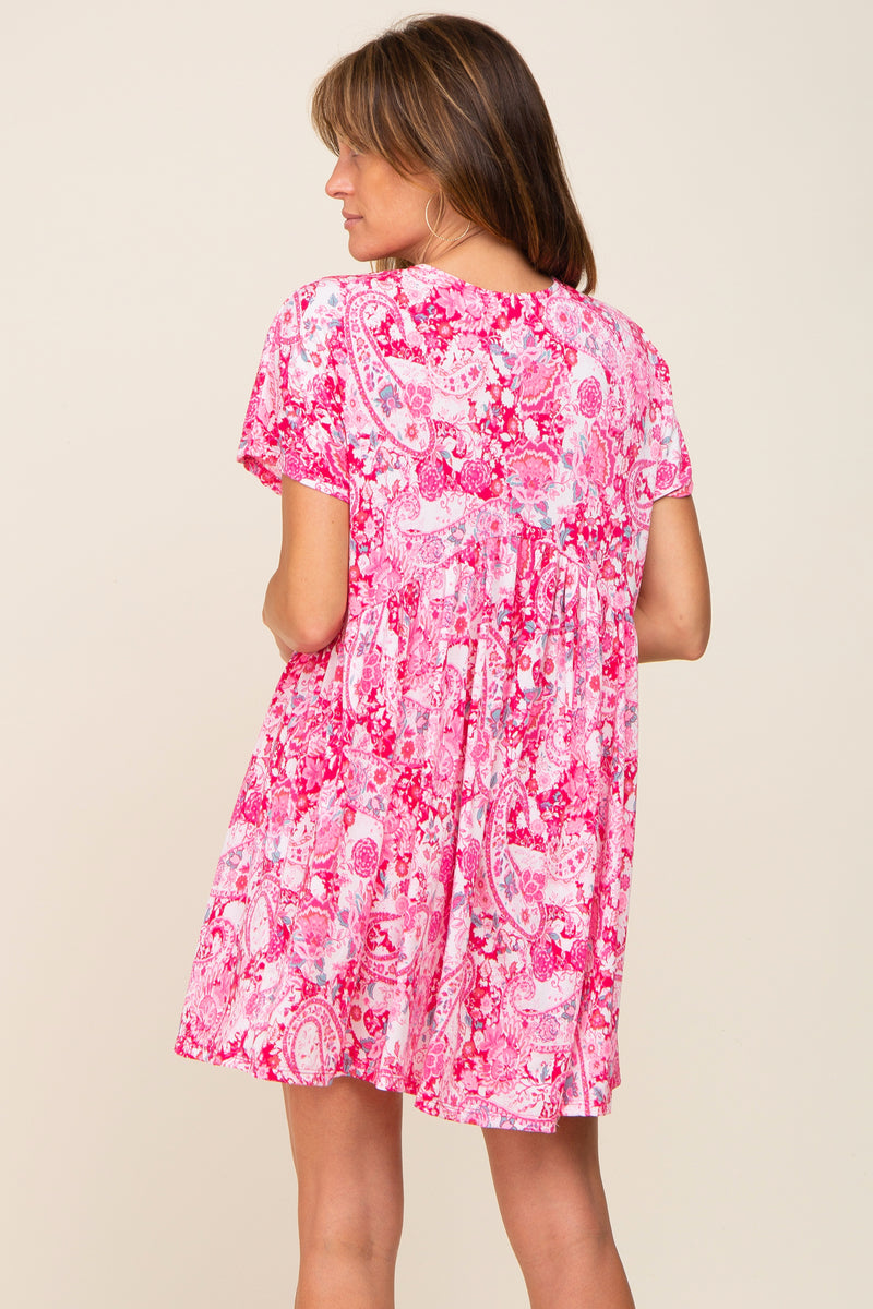 V-Neck Hollow-Out Pleated Mini Dress Fuchsia
