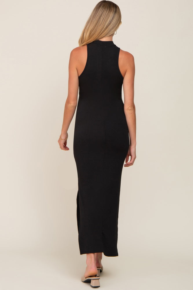 Black Basic Ribbed Side Slit Maternity Midi Dress