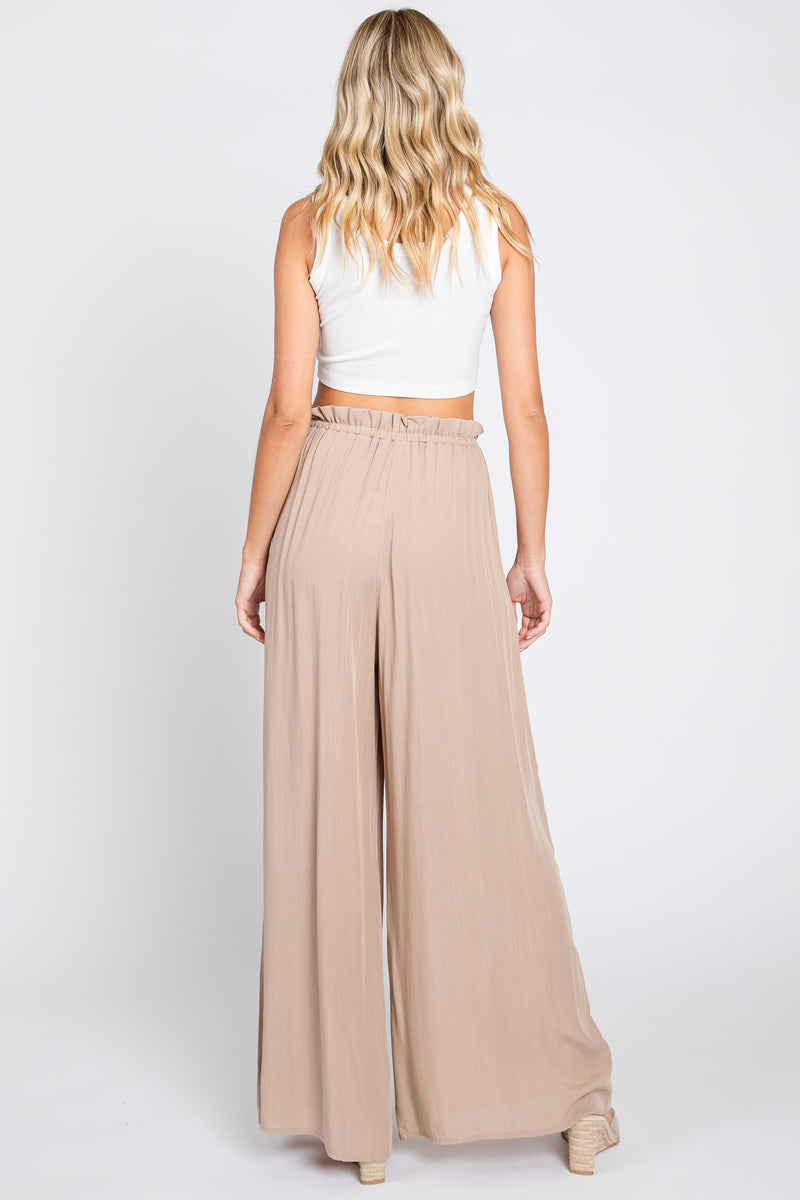 Striped Wide Leg Drawstring Pants- Taupe