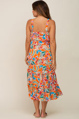 Orange Multi-Color Floral Sleeveless Tiered Maternity Midi Dress