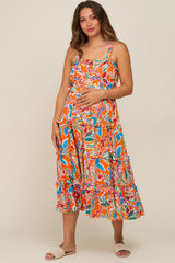 Orange Multi-Color Floral Sleeveless Tiered Maternity Midi Dress