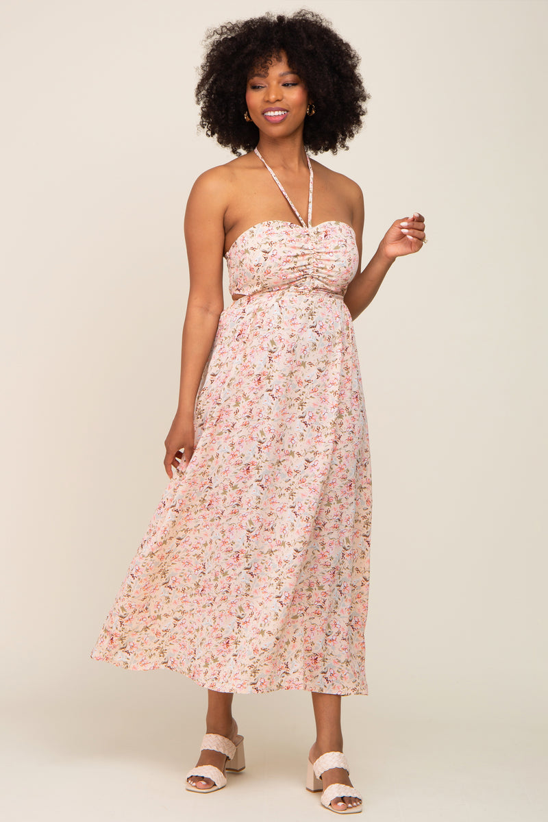 Pink White Plaid Bow Halter V Collar Midi Dress