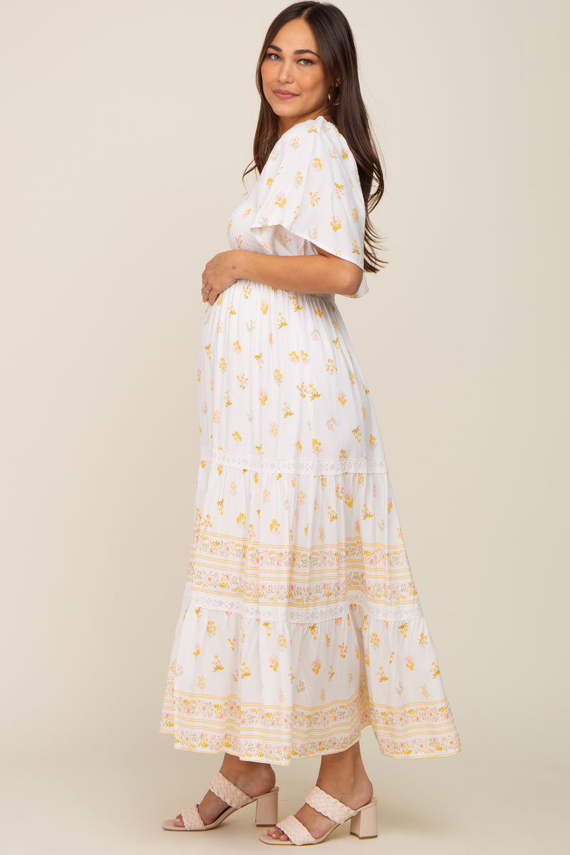 Light Olive Floral Smocked V-Neck Flutter Sleeve Maternity Dress main image 1