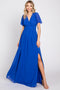 Royal Blue Chiffon Short Sleeve Wrap V-Neck Front Slit Maxi Dress