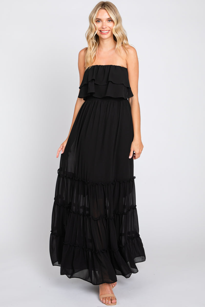 Black Strapless Maxi Dress with Ruffles