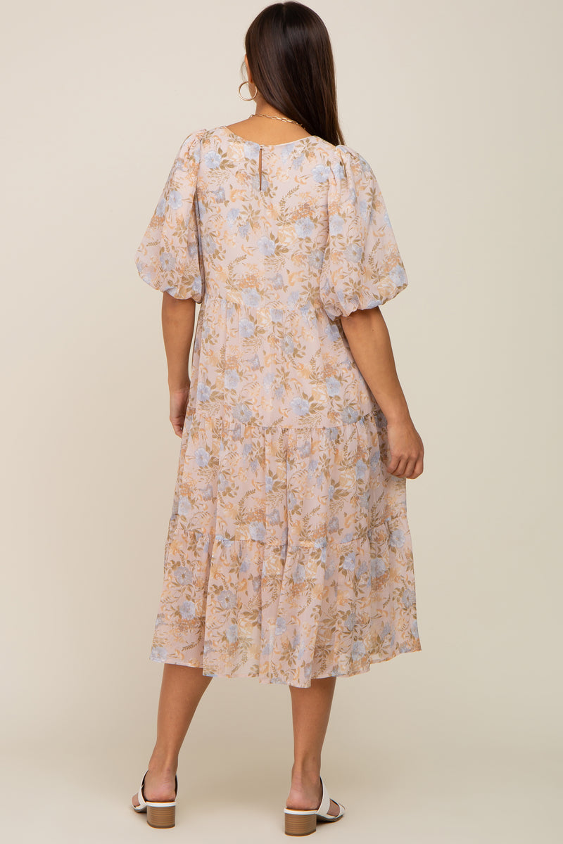 Black Floral Chiffon Twisted Front Maternity Midi Dress